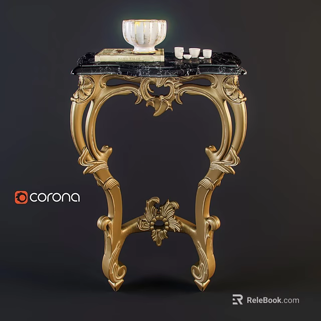 Ornate Gold Carved Accent Table With Black Marble Top And Intricate Details 3d model 