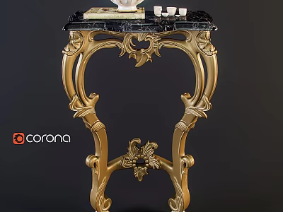 Ornate Gold Carved Accent Table With Black Marble Top And Intricate Details 3d model
