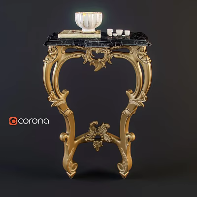 Ornate Gold Carved Accent Table With Black Marble Top And Intricate Details 3d model