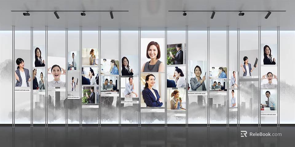 Modern Photo Wall Display With Transparent Panels Diverse Portraits And Various Professional Poses 3d model 
