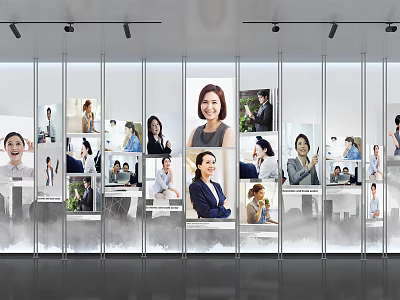 Modern Photo Wall Display With Transparent Panels Diverse Portraits And Various Professional Poses 3d model