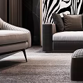 Modern Sofa and Coffee Table Set With Zebra Artwork Accent Pillows Ottoman and Area Rug