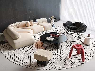 Curved Beige Sofa and Round Black Coffee Table with Black Chair Red Stool Striped Carpet 3d model