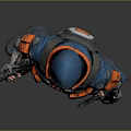 Futuristic Hooded Character In Blue Orange Tactical Outfit Holding Rifle And Combat Knife