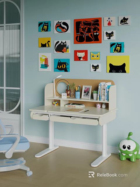 White Desk With Light Blue Wall Cat Paintings Table Lamp Photo Frame And Potted Plant 3d model 