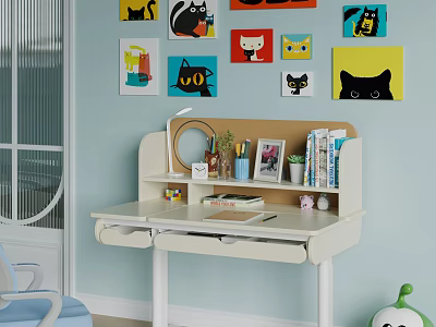 White Desk With Light Blue Wall Cat Paintings Table Lamp Photo Frame And Potted Plant 3d model