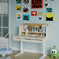White Desk With Light Blue Wall Cat Paintings Table Lamp Photo Frame And Potted Plant