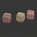 Three White Dice With Colorful Dots For Board Game Entertainment On Dark Reflective Surface