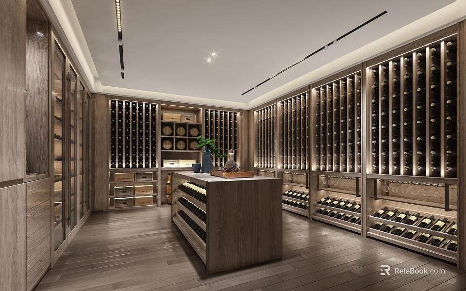 Modern Wine Cellar Design With Wooden Racks Central Counter And Lighting 3d model 
