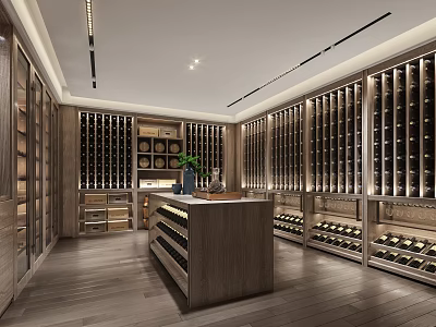 Modern Wine Cellar Design With Wooden Racks Central Counter And Lighting 3d model