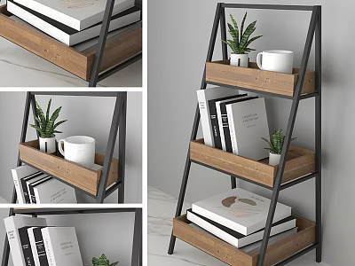 Modern Minimalist Ladder Shelf With Wooden Shelves Black Metal Frame Books Plant And Mug 3d model