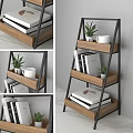 Modern Minimalist Ladder Shelf With Wooden Shelves Black Metal Frame Books Plant And Mug