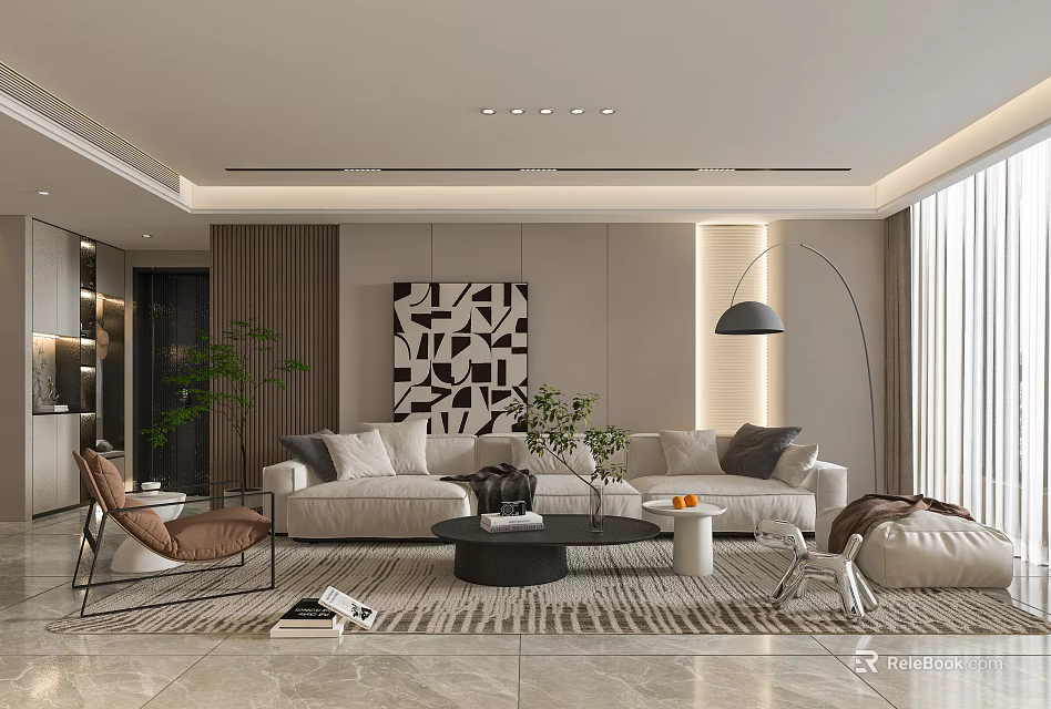 Modern Living And Dining Area Interior With Beige Sofas Black Coffee Table And Decorative Painting 3d model 