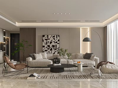 Modern Living And Dining Area Interior With Beige Sofas Black Coffee Table And Decorative Painting 3d model