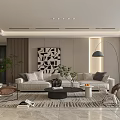 Modern Living And Dining Area Interior With Beige Sofas Black Coffee Table And Decorative Painting