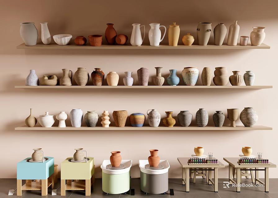 Colorful Ceramic Vases And Pottery Display On Wooden Shelves With Rolling Carts 3d model 
