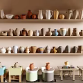 Colorful Ceramic Vases And Pottery Display On Wooden Shelves With Rolling Carts