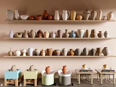 Colorful Ceramic Vases And Pottery Display On Wooden Shelves With Rolling Carts 3d model