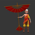 Young Monk Character In Orange Yellow Robe Holding Red Umbrella On Gray Background