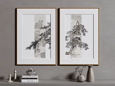 Two Framed Plant Paintings With Pine Trees Hanging On Gray Wall And Decorative Items Below 3d model