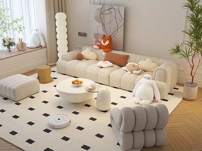 Cozy Cream Sofa And Round Coffee Table Set With Pillows Checkered Rug And Potted Plant 3d model