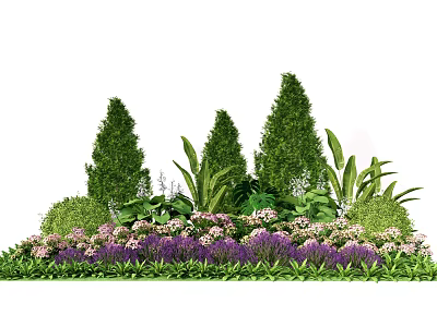 Beautiful Garden Well Trimmed Green Shrubs with Purple Pink Flowers and Broad Leaves 3d model