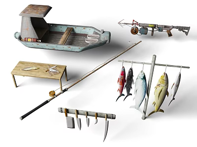 Fishing Boat Fishing Equipment Fishing Rod Po Whale Grabs Sea Fish Salted Fish Fish Goods 3d model
