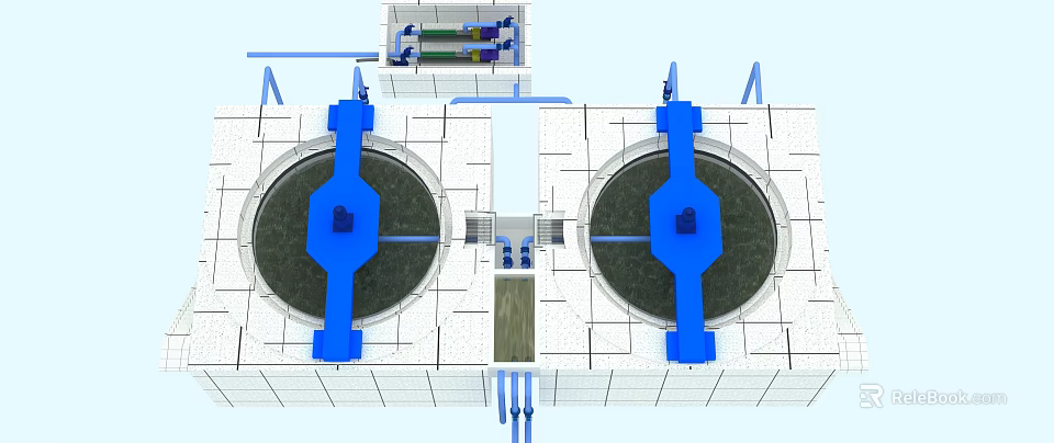 Large Industrial Processing System Featuring Circular Tanks And Blue Mechanical Components 3d model 