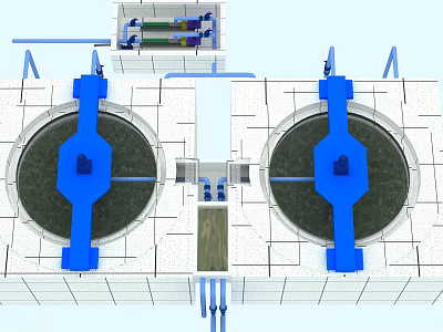 Large Industrial Processing System Featuring Circular Tanks And Blue Mechanical Components 3d model