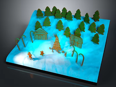 Gingerbread Men And Houses With Candy Canes In Christmas Tree Snowy Scene 3d model