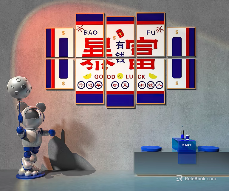 Modern Background Wall Featuring Multi Panel Decorative Paintings Chinese Characters And Robot Figurine 3d model