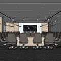Modern Conference Room Design With Long Table Black Chairs Large Screen And Windows