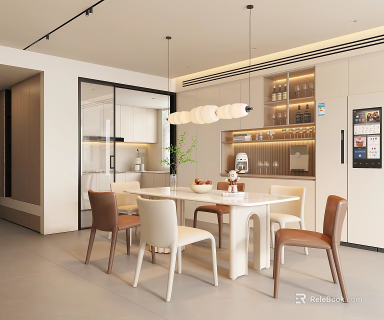 Modern Restaurant Interior Featuring Dining Table Chairs Pendant Lights And Open Kitchen Area 3d model