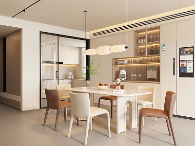 Modern Restaurant Interior Featuring Dining Table Chairs Pendant Lights And Open Kitchen Area 3d model