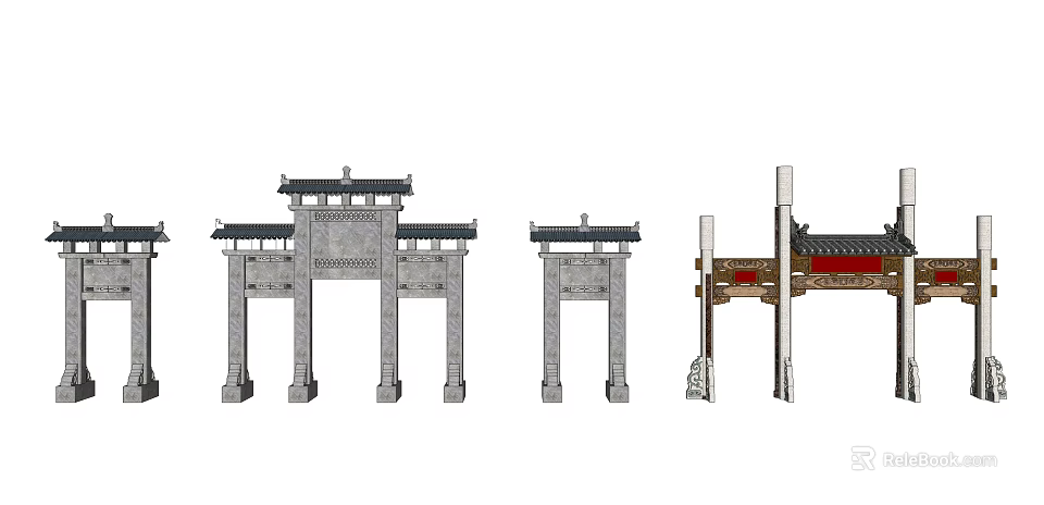 Traditional Chinese Memorial Archway Structures With Different Designs And Ornate Roof Details 3d model 