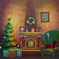 Cozy Christmas Living Room Interior With Tree Fireplace Wreath Stockings Gifts And Armchair