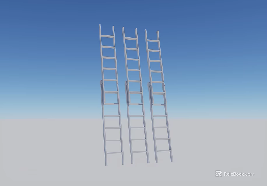 Three Silver Metal Ladders Standing On Gray Ground Under Blue Sky 3d model 