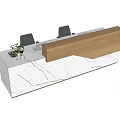 Modern Reception Desk With White Countertop Wooden Back Panel Laptops Office Chairs And Green Plants