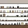 Traditional Tea Collection Display With Various Teapots Cups And Canisters On Shelves