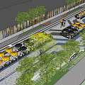 Outdoor Children Playground Near Glass Building With Trees Play Equipment And Yellow Figure