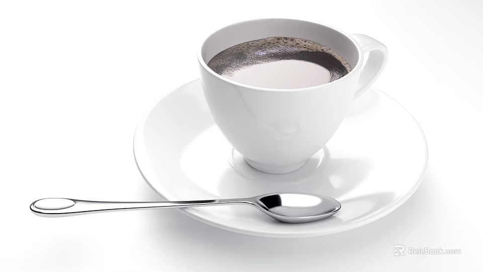 White Coffee Cup On Saucer With Silver Spoon And Hot Coffee 3d model 