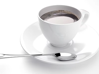 White Coffee Cup On Saucer With Silver Spoon And Hot Coffee 3d model