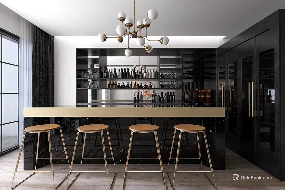 Modern Elegant Bar Counter Interior With Gold Stools Hanging Chandelier And Black Wine Cabinet 3d model 