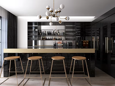 Modern Elegant Bar Counter Interior With Gold Stools Hanging Chandelier And Black Wine Cabinet 3d model