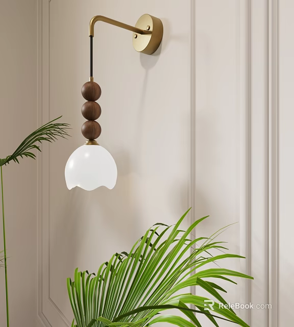 Modern Wall Lamp Design With Wooden Beads White Glass Shade Beige Interior Green Plants 3d model 