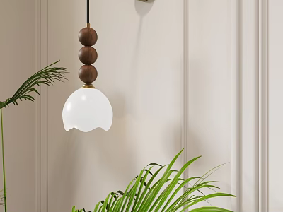Modern Wall Lamp Design With Wooden Beads White Glass Shade Beige Interior Green Plants 3d model
