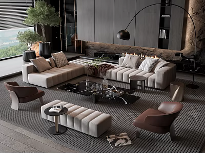 Modern Living Room Sofa And Coffee Table Set With Armchairs Decorative Rug And Floor Lamp 3d model