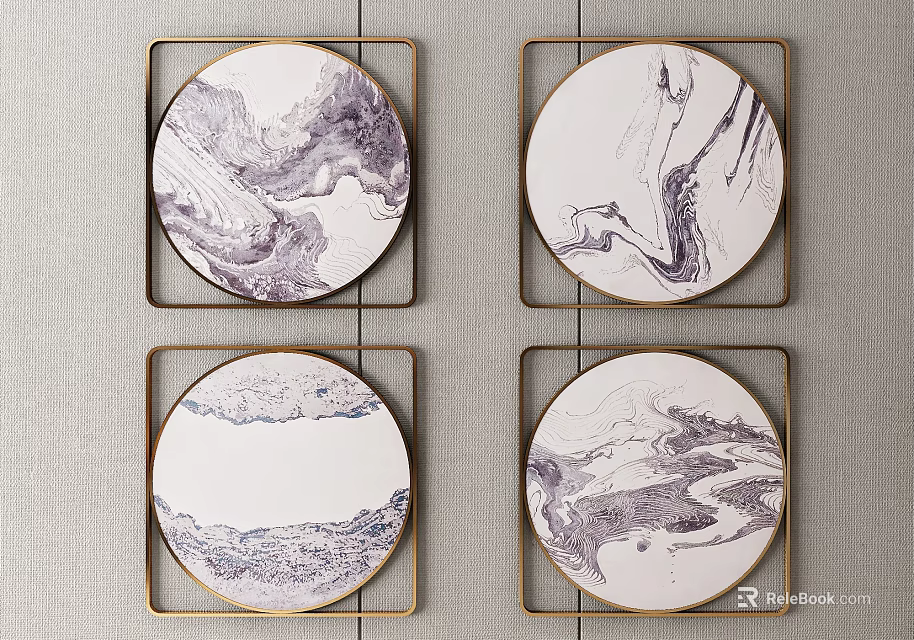 Circular Landscape Pattern Decorative Paintings With Square Metal Wall Mounted Frames 3d model