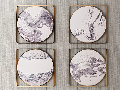 Circular Landscape Pattern Decorative Paintings With Square Metal Wall Mounted Frames 3d model