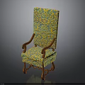 Ornate Chair With Yellow And Blue Floral Patterned Fabric Wooden Armrests And Legs